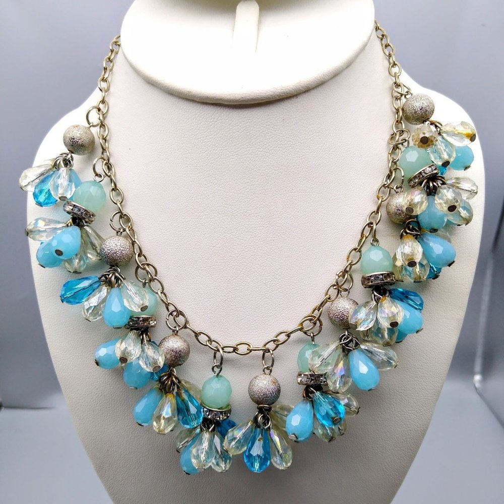 Vintage Mermaid Blue Bib Necklace, Silver Tone Chain with Faceted Crystal Cluste